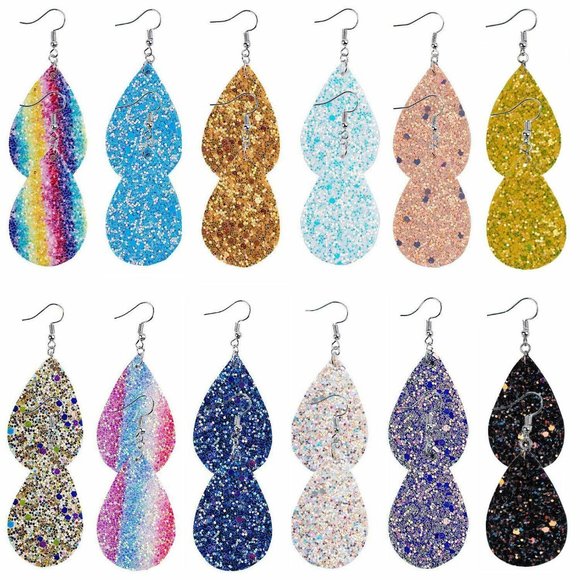 Jewelry - 12 Pair Glitter Faux Leather Petal Earring Lot NWT